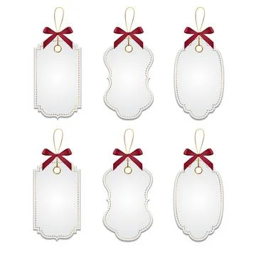 Vector Blank Gift Tag With Red Ribbon Bow. Realistic Gift Tag Label Template Illustrazione stock