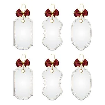 Vector Blank Gift Tag With Red Ribbon Bow. Realistic Gift Tag Label Template Illustrazione stock