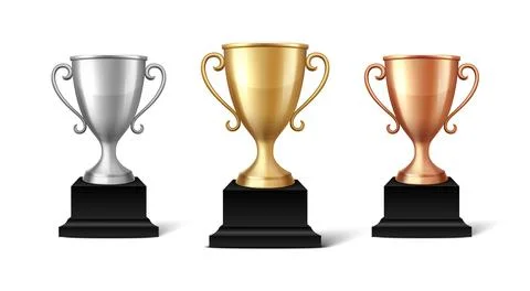 Vector Blank Golden, Silver and Bronze Champion Cup Isolated on White Background Stock Illustration