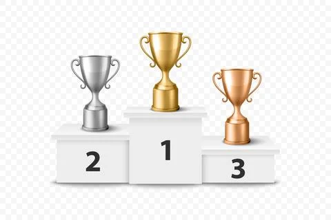 Vector Blank Golden, Silver and Bronze Champion Cup on Winner Podium Isolated on Illustrazione stock