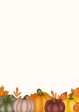 Vector blank with orange pumpkins and autumn leaves template. Stock Illustration