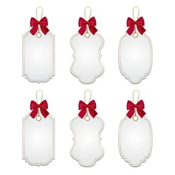 Vector Blank Paper Gift Tag With Red Ribbon Bow. Realistic Gift Tag Label 库存插图