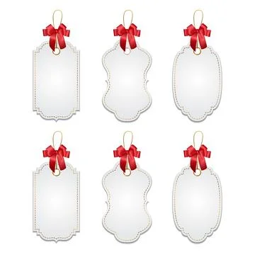 Vector Blank Paper Gift Tag with Red Ribbon Bow Set. Realistic Gift Tag Label 스톡 일러스트