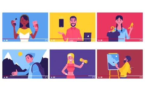 Vector bloggers, tutorial, review blogs flat set Illustrazione stock