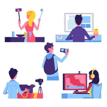 Vector bloggers, tutorial, review blogs flat set 스톡 일러스트