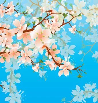 Vector blossoming tree brunch in the garden on the blue sky background Stock Illustration