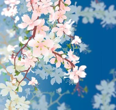 Vector blossoming tree brunch in the garden on the blue sky background Stock Illustration