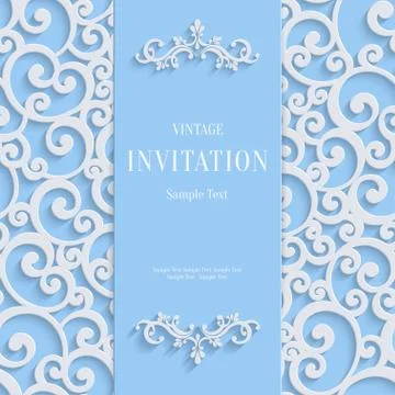 Vector Blue 3d Vintage Invitation Card with Swirl Damask Pattern 스톡 일러스트