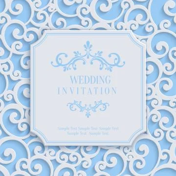 Vector Blue 3d Vintage Invitation Card with Floral Damask Pattern 스톡 일러스트