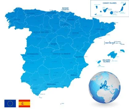 Vector Blue Administrative Map of Spain Stock Illustration