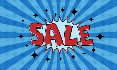 Vector blue advertising banner with text sale in pop art comics style Stock Illustration
