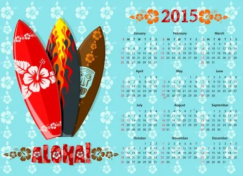 Vector blue Aloha calendar 2015 with surf boards Stock Illustration