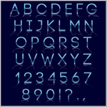 Vector blue alphabet letter, digits and punctuation signs with reflection on Stock Illustration