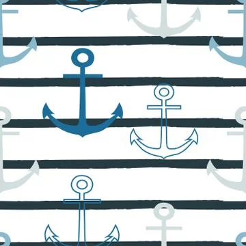 Vector blue anchors repeat seamless pattern on white whith grey strip background Stock Illustration