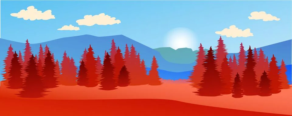Vector blue and orange background Nature landsacape Mountain and Spruce fores Stock Illustration