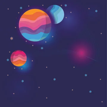 Vector of blue and pink planets and stars in space, on black background 库存插图