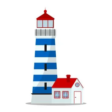 Vector blue and red lighthouse illustration, logo or label isolated on white  Stock Illustration