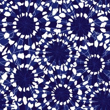 Vector blue and white abstract floral shibori circles overlap pattern. Suitab Stock Illustration