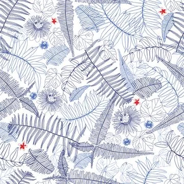 Vector blue and white seamless pattern with ferns, leaves and wild flower. Su Stock Illustration