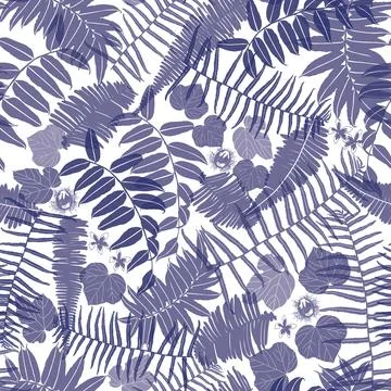 Vector blue and white seamless pattern with transparent ferns, leaves and wil Stock Illustration