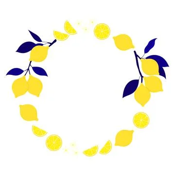 Vector blue and yellow lemon wreath. Round frame with whole fruits, slices .. イラスト素材