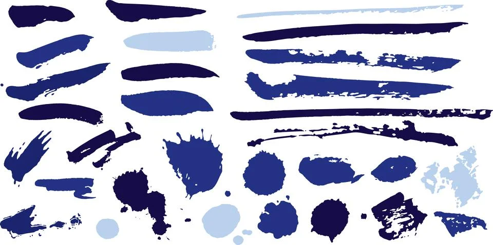 Vector blue artistic paint brush strokes and paint blob splatter elements Stock Illustration