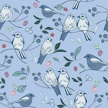Vector blue birds leafs berries seamless pattern background. Stock Illustration
