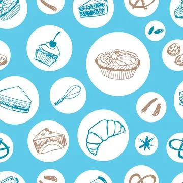Vector blue cakes and pastry seamless background repeat pattern with round ci Illustrazione stock