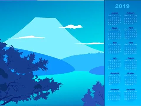 Vector blue calendar 2019 right with a spring Japan Stock Illustration