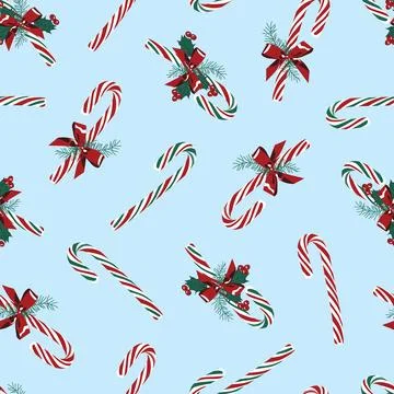 Vector blue candy cane decorated with ribbons seamless Christmas background p Stock Illustration