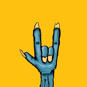 Vector blue cartoon Zombie hand shows rock n roll gesture isolated on orange Stock Illustration