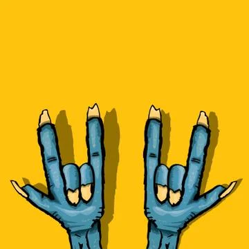 Vector blue cartoon Zombie hand shows rock n roll gesture isolated on orange Stock Illustration