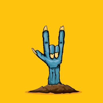 Vector blue cartoon Zombie hand shows rock n roll gesture isolated on orange Stock Illustration