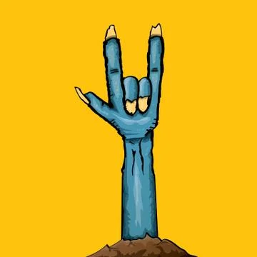 Vector blue cartoon Zombie hand shows rock n roll gesture isolated on orange Stock Illustration