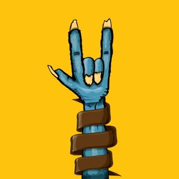 Vector blue cartoon Zombie hand shows rock n roll gesture isolated on orange Stock Illustration