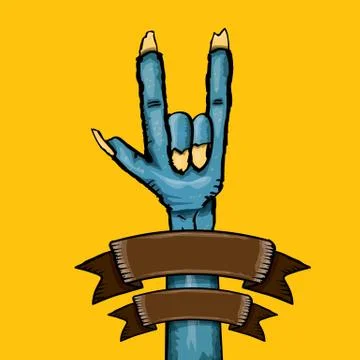 Vector blue cartoon Zombie hand shows rock n roll gesture isolated on orange Stock Illustration