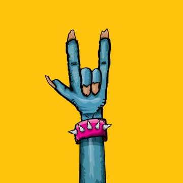 Vector blue cartoon Zombie hand shows rock n roll gesture isolated on orange Stock Illustration