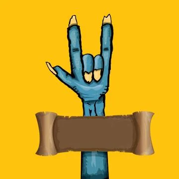 Vector blue cartoon Zombie hand shows rock n roll gesture isolated on orange 스톡 일러스트