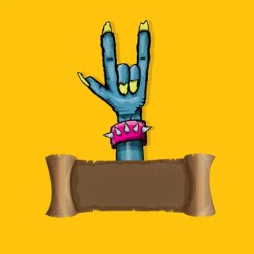 Vector blue cartoon Zombie hand shows rock n roll gesture isolated on orange Stock Illustration