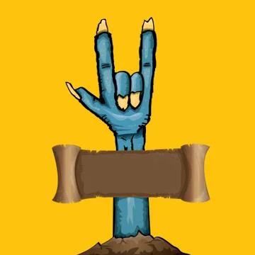 Vector blue cartoon Zombie hand shows rock n roll gesture isolated on orange Stock Illustration