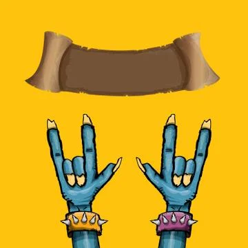 Vector blue cartoon Zombie hand shows rock n roll gesture isolated on orange Stock Illustration