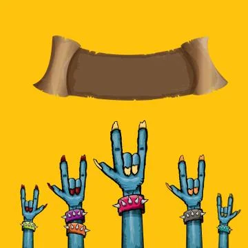 Vector blue cartoon Zombie hand shows rock n roll gesture isolated on orange Stock Illustration