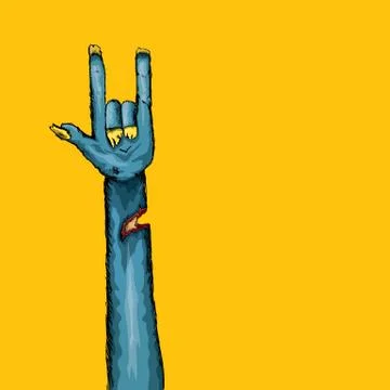 Vector blue cartoon Zombie hand shows rock n roll gesture isolated on orange Stock Illustration