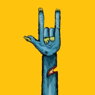 Vector blue cartoon Zombie hand shows rock n roll gesture isolated on orange Stock Illustration