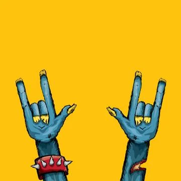 Vector blue cartoon Zombie hand shows rock n roll gesture isolated on orange Stock Illustration