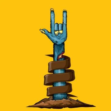 Vector blue cartoon Zombie hand shows rock n roll gesture isolated on orange Stock Illustration
