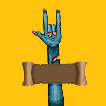 Vector blue cartoon Zombie hand shows rock n roll gesture isolated on orange Stock Illustration