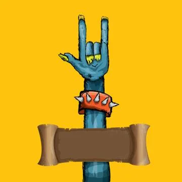 Vector blue cartoon Zombie hand shows rock n roll gesture isolated on orange Stock Illustration