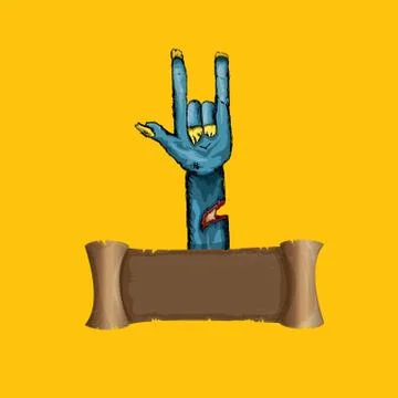 Vector blue cartoon Zombie hand shows rock n roll gesture isolated on orange Stock Illustration