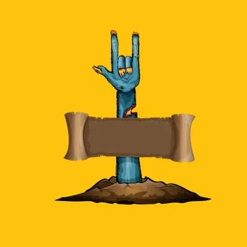 Vector blue cartoon Zombie hand shows rock n roll gesture isolated on orange Illustrazione stock